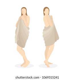 Young womans after bath wrapped in towel. Female after bathroom.
Girl after shower. Vector illustrations set isolated on white background.