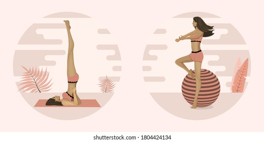 Young woman's is engaged in yoga or Pilates, doings exercises. vector illustration.