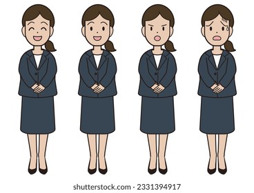 A young woman's expression pattern in a suit with her hands stacked in front