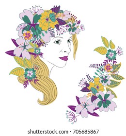 Young woman's face with long blond hair and purple lipstick and beautiful colorful floral wreath with yellow leaves. Vector illustration on white background with floral wreath in the corner
