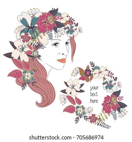 Young woman's face with long red hair and beautiful retro color floral wreath. Vector illustration on white background with floral wreath in the corner with place for your text