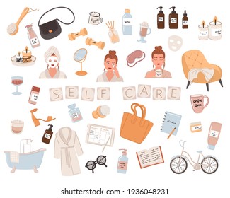 Young womans with a face mask and natural cosmetics products. Self-care routine to do ideas. Includes relaxing, exercising, health, happiness, candles, skin care, and shopping. Vector illustration