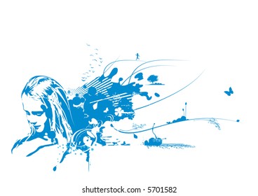 Young woman's face on abstract grunge background with floral elements. Vector illustration.