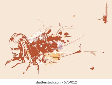 Young woman's face on abstract grunge background with floral elements. Vector illustration.