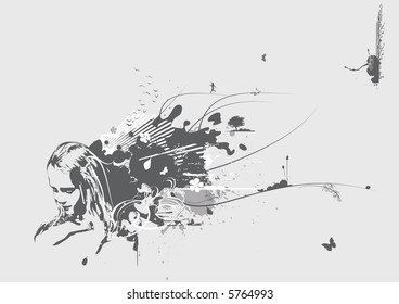 Young woman's face on abstract grunge background with floral elements. Vector illustration.