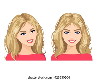 The young woman's face in two views. Vector illustration