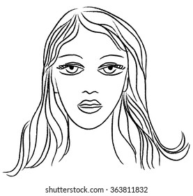 Young woman's face vector. Beautiful face and shoulder sketch.