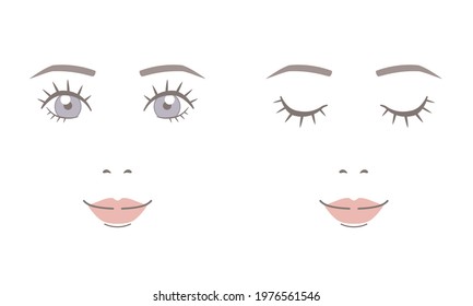 Young woman's face without contour isolated on white background. Open eyes and closed eyes. Vector illustration.