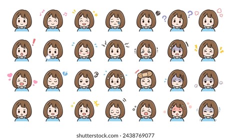 Young woman's facial expression illustration set