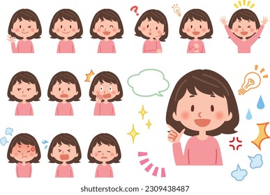 Young woman's facial expression set (vector illustration).