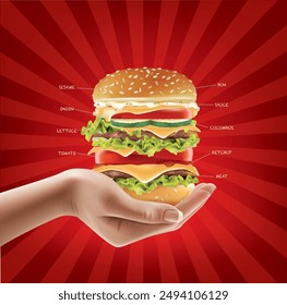 Young woman's hand holding a hamburger.