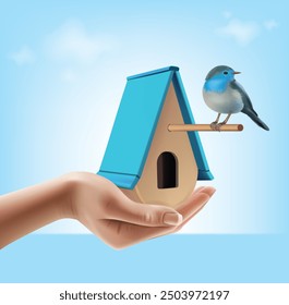 A young woman's hand holds a bird's nest in her hand.