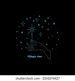 A young woman`s hand  holds a sparkler  against the background of the starry sky. Magic time vector illustration. New Year and Christmas theme.