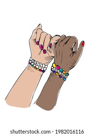 Young Woman's Hands Of Different Races In Doodle Style Making Pinky Promise. Vector Illustration Sketch. Pinky Swear Couple Or Friendship Holding Hands Together.