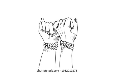 Young Woman's Hands In Doodle Style Making Pinky Promise. Copy Space Web Banner. Vector Illustration Outline. Pinky Swear Couple Or Friendship Holding Hands Together.