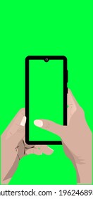 Die Hände einer jungen Frau halten ein Smartphone mit beiden Händen, während ein Daumen den Bildschirm schwimmt. Cartoon, Vektorgrafik. Grüner Chroma-Schlüssel.