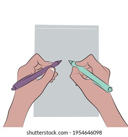 Young woman's hands writing on a sheet. Man hands with pencils.