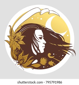 Young woman's head with flowing long hair. Vector illustration in boho style