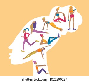 Young woman's head silhouettes thinking about healthy lifestyle. Workout vector illustration.