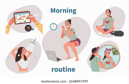 Young woman's morning routine. Vector cartoon flat style illustration