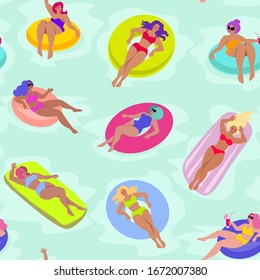 Mujeres jóvenes con flotación inflable en la piscina flotante. Vacaciones tropicales de mano sin fisuras de color patrón vectorial. Dibujo plano de dibujo sobre fondo blanco.