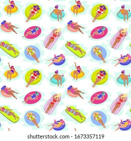 Young womans on inflatable in swimming pool floats. Hand drawn tropical vacation seamless colorful vector pattern. Cartoon flat style illustration on white background.