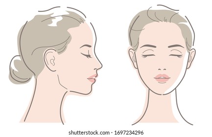 Perfil de la joven y cara frontal.  Ilustración vectorial aislada en fondo blanco.