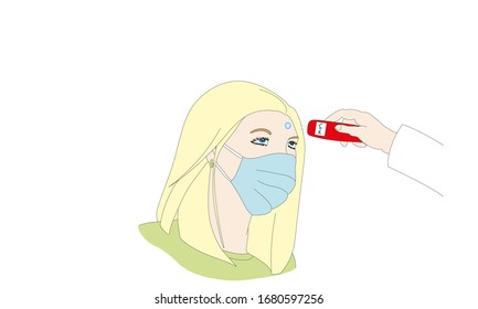 Young woman's temperature tested with a fever thermometer. She has a fever of 39 degrees. She wears a surgical face mask and does not look happy. Corona virus.