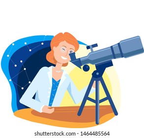 Young woman-scientist in lab coat and circle glasses watching the stars in a table telescope on tripod. Female astronomer observes objects in night sky for her research. Women in STEM science concept.