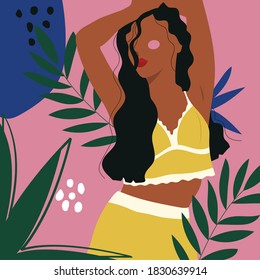 Young woman/young girl portrait with a tropical plants in a minimalis, abstract trendy style on a pink background for contemporary beauty fashion concept. Pop Art. Trendy strips. Vector illustration