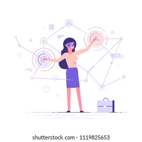 A young womanz wearing virtual reality goggles and headset with a projection of a digital world. Business concept. Flat vector illustration.