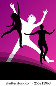 Young women active silhouettes jumping in the air abstract background vector illustration