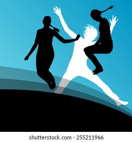 Young women active silhouettes jumping in the air abstract background vector illustration