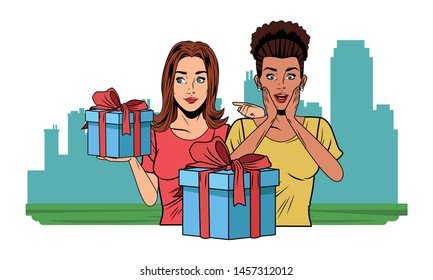 young women avatar afroamerican woman with hand on the cheek with a goft boxes profile picture cartoon character portrait
