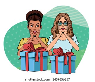 young women avatar afroamerican woman with hand on the cheek and woman with glasses with a gift boxes profile picture