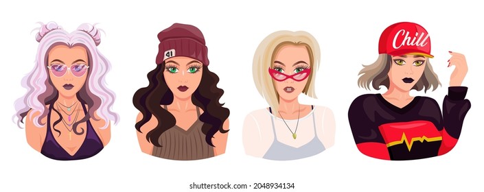 Jóvenes avatares ambientados, aislados en blanco. Colección de chicas con diferentes estilos de cabello. Conjunto de retratos femeninos de dibujos animados, ilustración vectorial plana