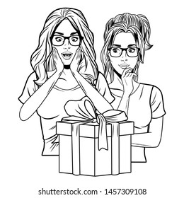 young women avatar woman with hand on the chin and glasses and woman with glasses with gift box