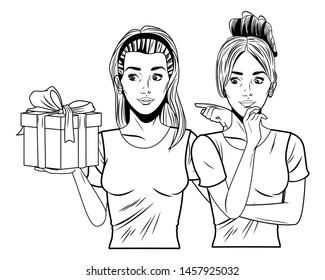 young women avatar woman with hand on the chin and woman with bandana with a gift box profile picture cartoon character