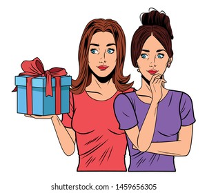 young women avatar woman with hand on the chin with a gift box profile picture cartoon character portrait vector illustration graphic design