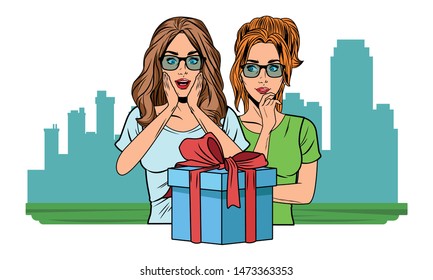 young women avatar woman with hand on the chin and glasses and woman with glasses with gift box profile picture cartoon