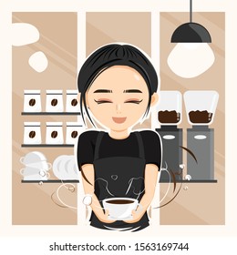 Young Women Barista hold a cup of Coffee in Coffee Shop/Cafe. CuteVector/Illustration.