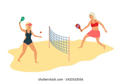 Young women bathing suit play on the beach in tennis. Girls in swimsuits with tennis rackets. Flat vector illustration