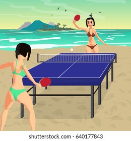 Young women in bikini play on the beach in table tennis. Girls in swimsuits with ping-pong rackets. Flat vector illustration