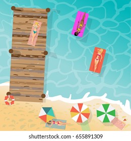 Young women in bikini sunbathe on sand and on a wooden pier, float on air mattresses on the beach. View from above. Vector flat cartoon illustration isolated