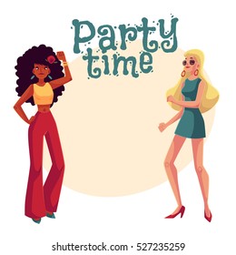 Young women, black and white, in 1960s style clothing dancing disco, cartoon style invitation, greeting card design. Party invitation, advertisement, African and caucasian girls in retro style clothes