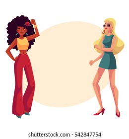 Young women, black and white, in 1960s style clothing dancing disco, cartoon style vector illustration on background with place for text. African and caucasian girls in retro style clothes