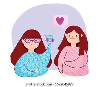 young women with book and speech bubble love heart vector illustration, book day
