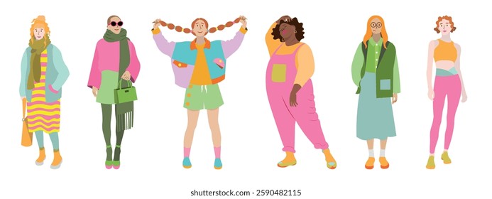 Young women in bright colored clothes. Girls of different races and ages. Female students stand in different poses. Color vector illustration in flat style. 