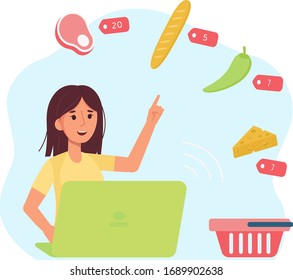 Young women buys products online during quarantine. Online ordering of products. Vector illustration