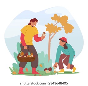 Young Women Carefully Gather Mushrooms In The Forest. Female Characters Filling Their Baskets With A Variety Of Shapes And Sizes., Enjoying Adventure on Fresh Air. Cartoon People Vector Illustration